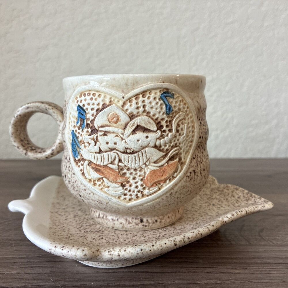VTG Japanese Stoneware Cup And Leaf Plate, Singing Children, Mid Century Whimsy